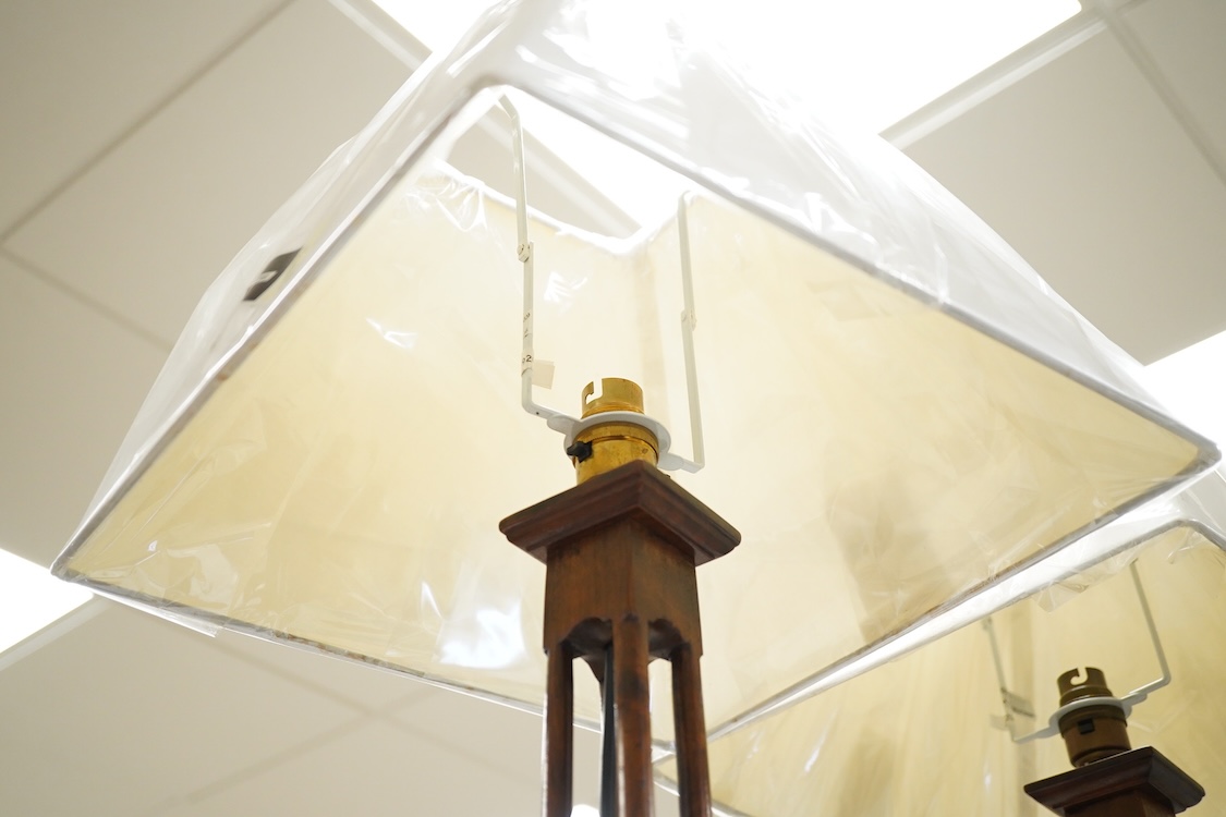 Three Indian hardwood table lamps with shades, 52cm high